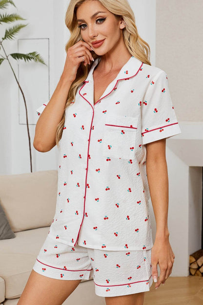 Cheery Print Collared Neck Top and Shorts Lounge Set - Selvanelle