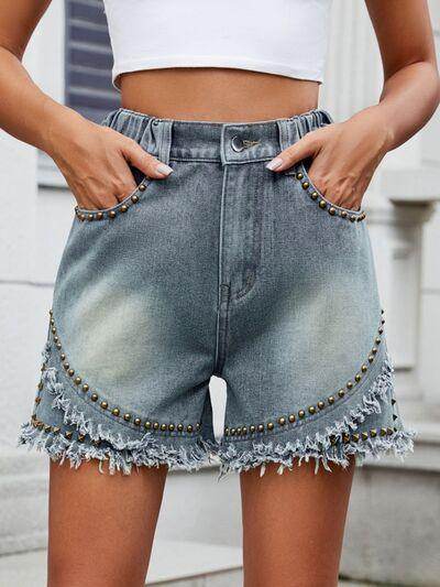 Raw Hem Studded Denim Shorts for Trendy Summer Style - Selvanelle