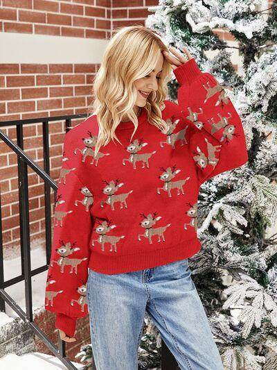 Reindeer Round Neck Long Sleeve Sweater for Women - Selvanelle