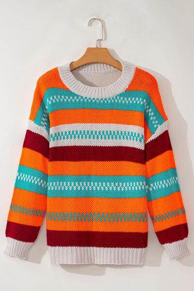 Contrast Striped Round Neck Long Sleeve Sweater for Women - Selvanelle