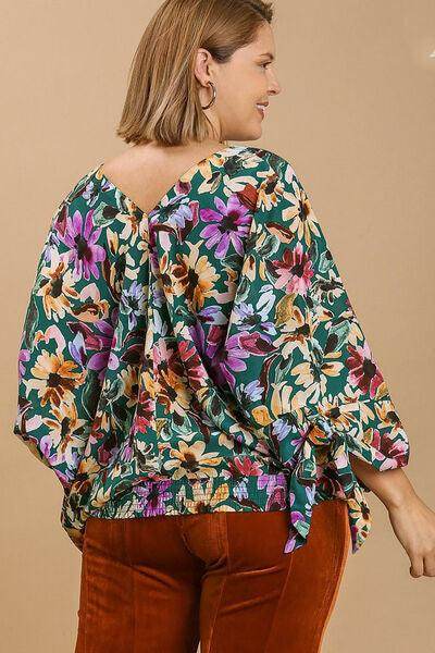 Umgee Full Size Floral V-Neck Tie Sleeve Blouse Plus Size - Selvanelle