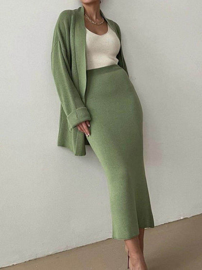 Pocketed Long Sleeve Cardigan and Skirt Sweater Set - Selvanelle