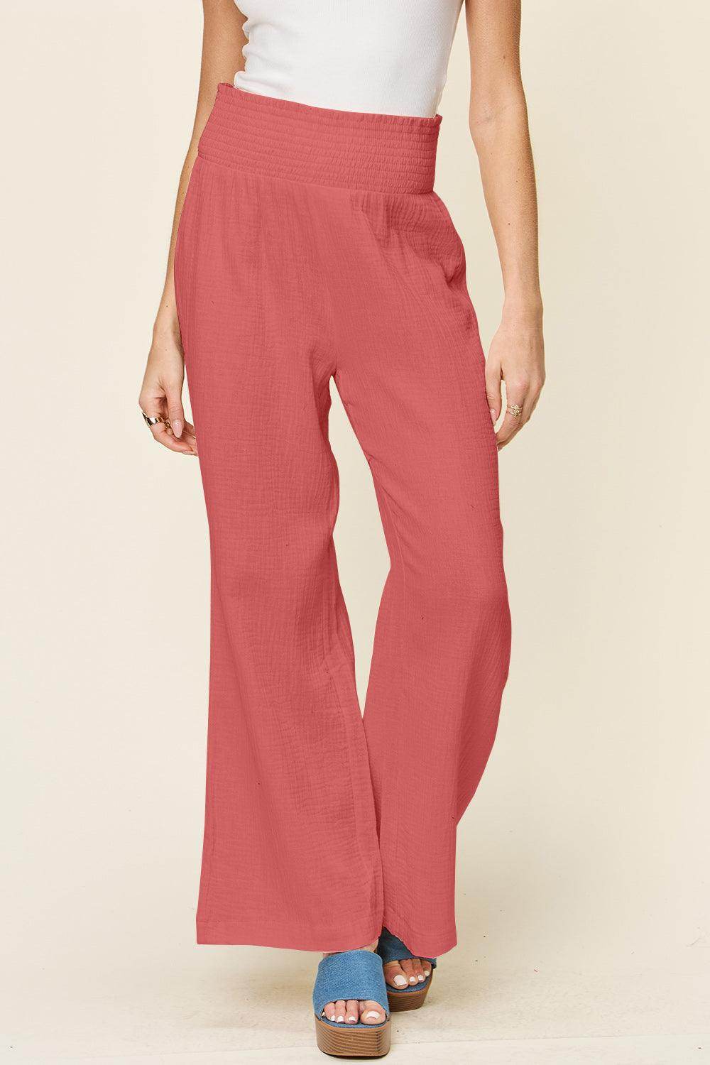 Double Take Full Size Texture Smocked Waist Wide Leg Pants For Women - Selvanelle