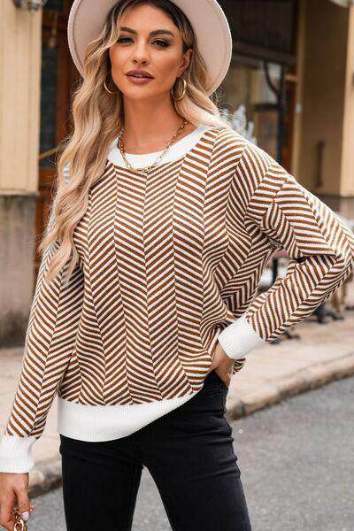 Striped Round Neck Long Sleeve Sweater for Women Fashion - Selvanelle