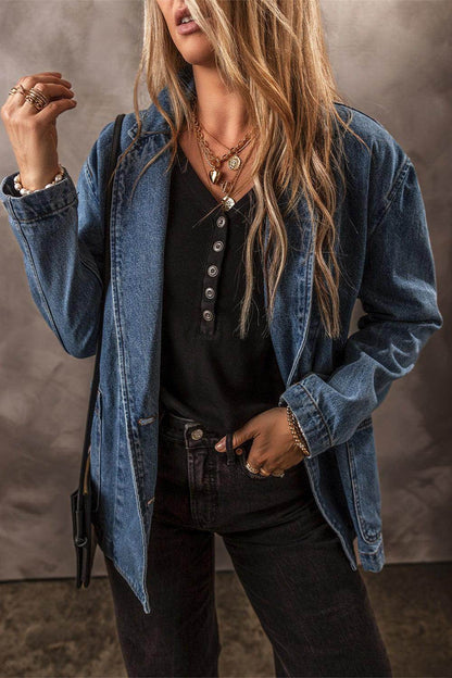 Pocketed Long Sleeve Denim Jacket for Women Stylish Fit - Selvanelle