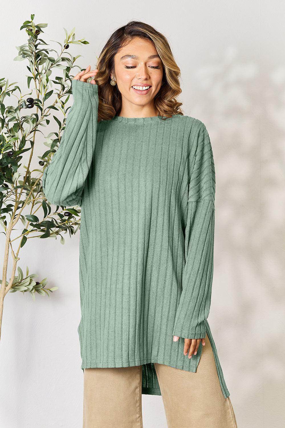 Basic Bae Full Size Ribbed Round Neck Long Sleeve Slit Top - Selvanelle