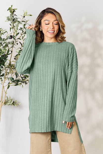 Basic Bae Full Size Ribbed Round Neck Long Sleeve Slit Top - Selvanelle