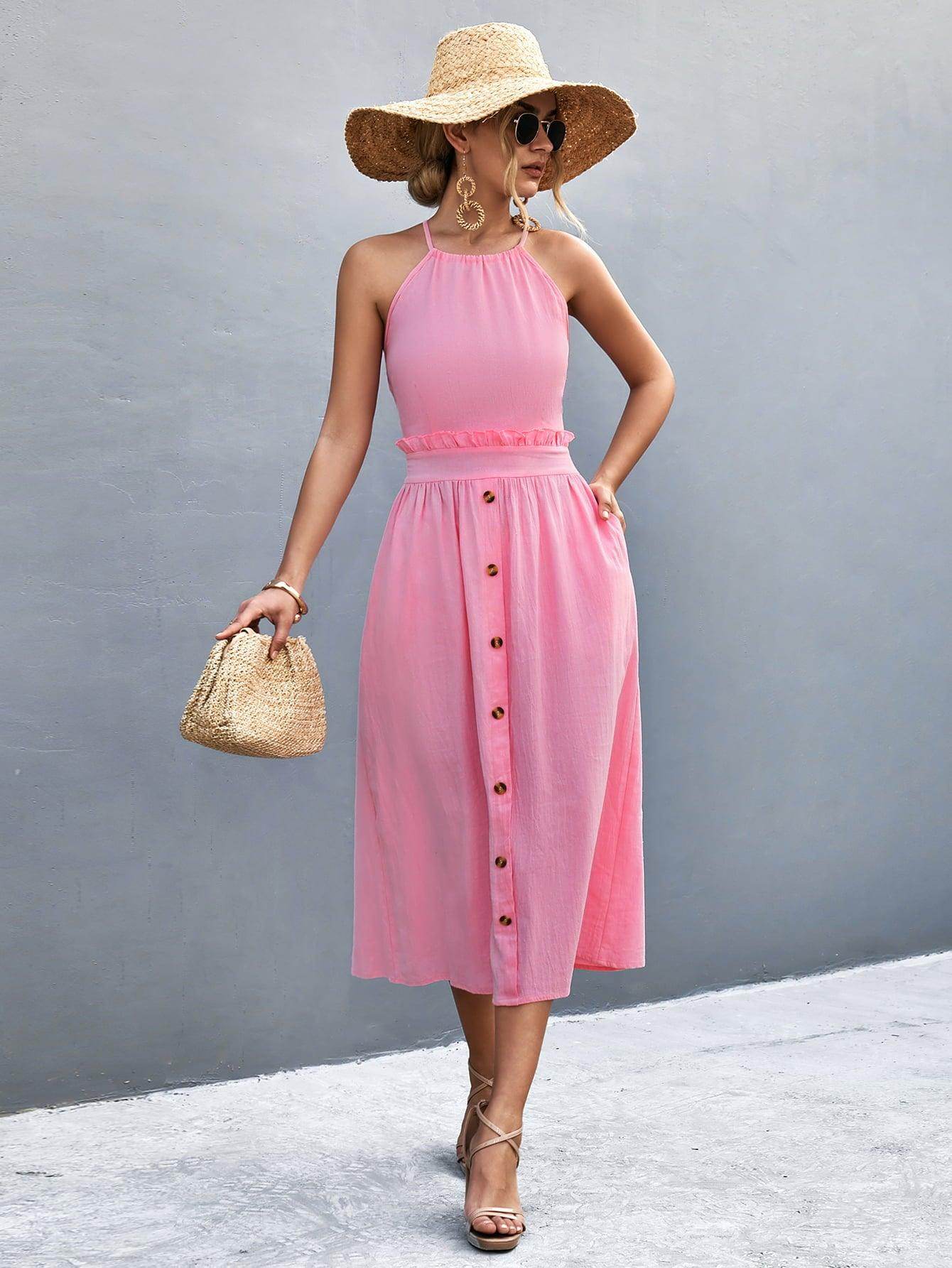 Buttoned Halter Neck Frill Trim Midi Dress for Chic Style - Selvanelle