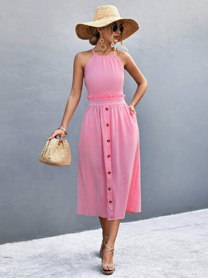 Buttoned Halter Neck Frill Trim Midi Dress for Chic Style - Selvanelle