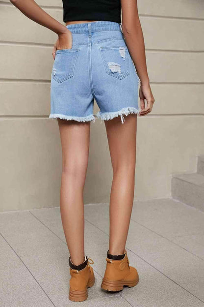 Fringe Trim Distressed Denim Shorts with Pockets for Women - Selvanelle
