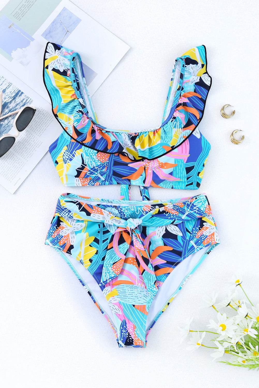 Ruffled Wide Strap Swim Top and Bottom Set - Selvanelle