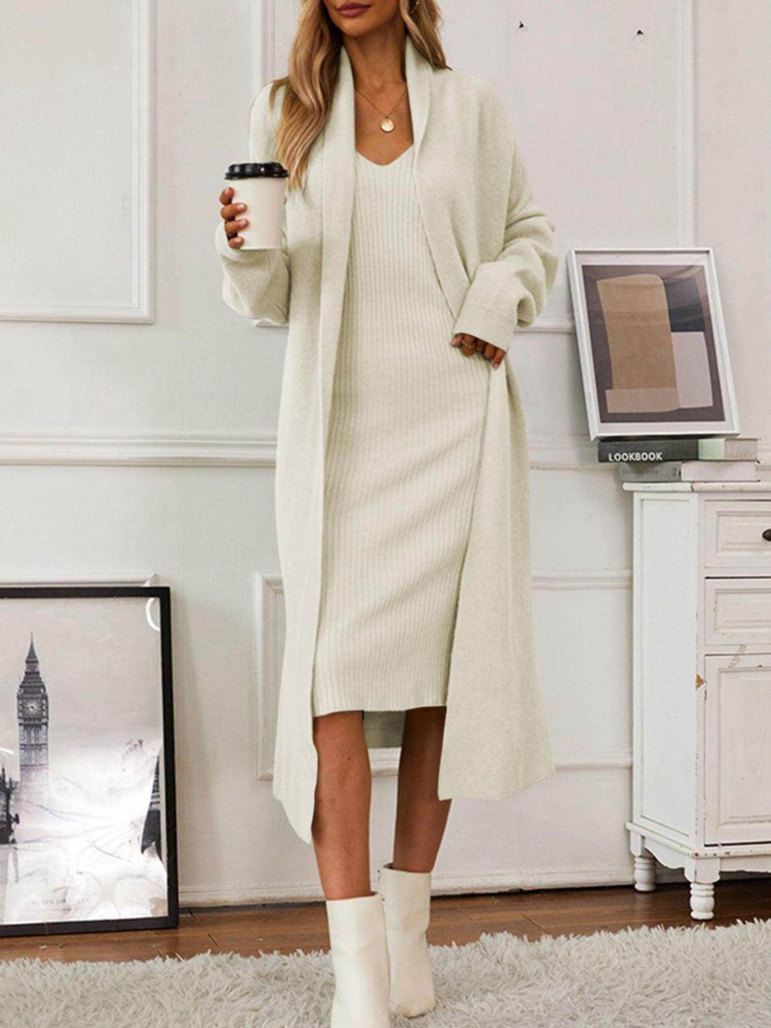 V-Neck Cami Dress and Open Front Cardigan Sweater Set - Selvanelle