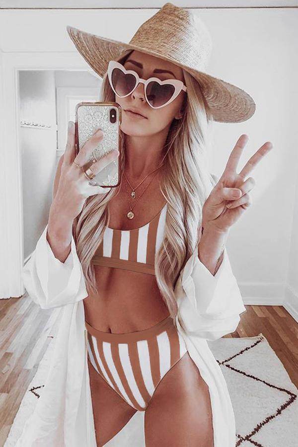 Striped Tank High Waist Bikini - Selvanelle