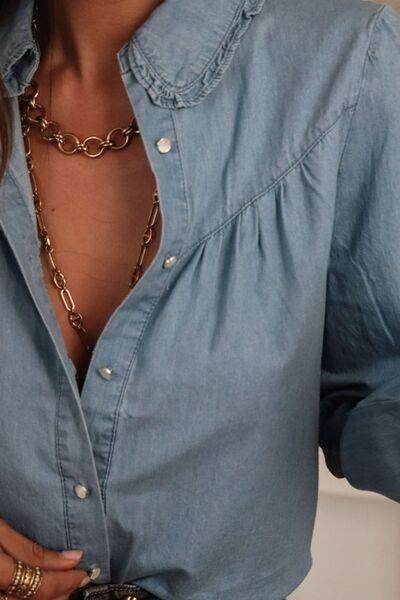 Button Up Long Sleeve Denim Top for Stylish Comfort - Selvanelle