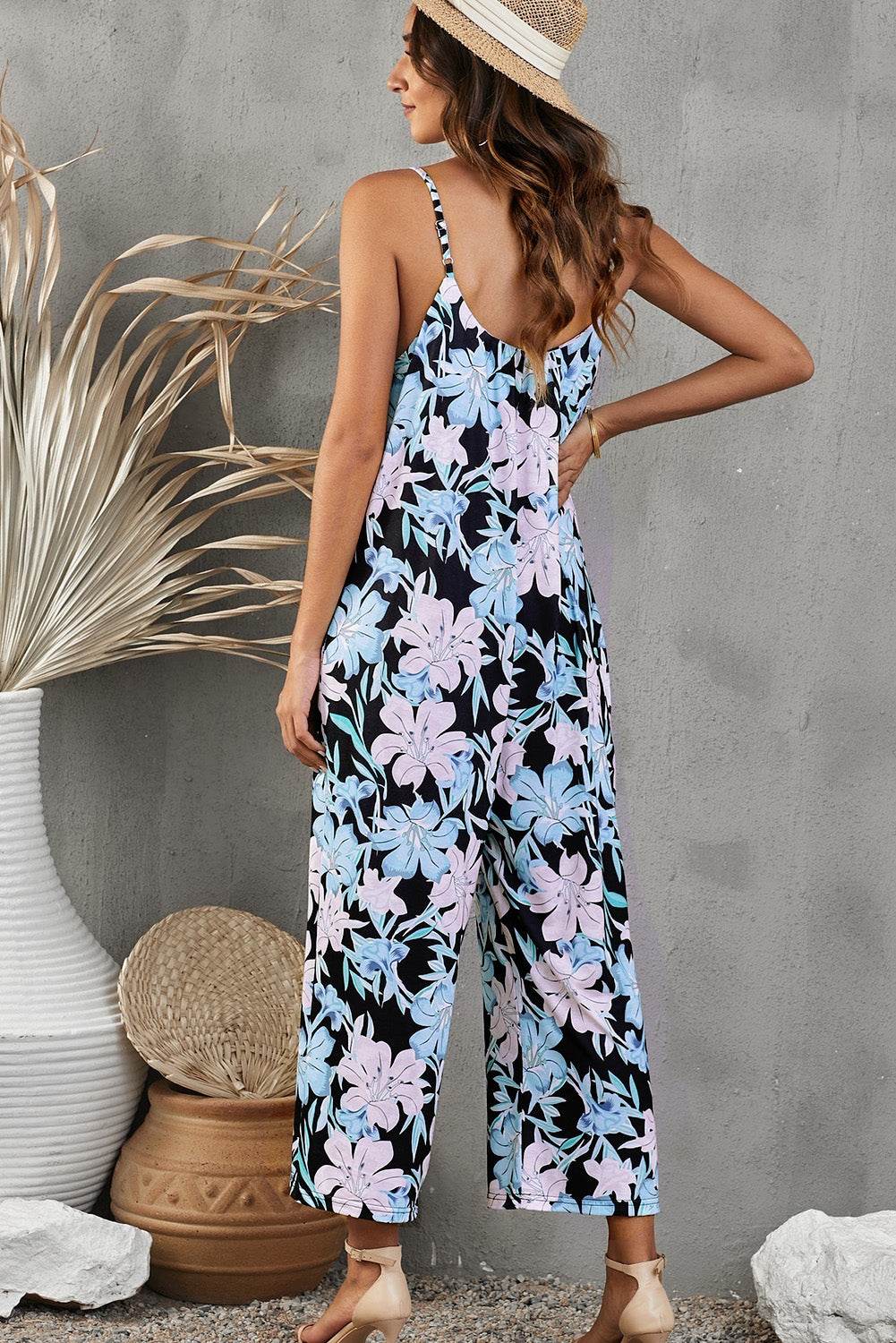 Botanical Print Spaghetti Strap Cropped Jumpsuit - Selvanelle