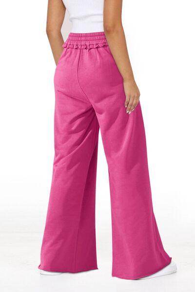 High Waist Wide Leg Pants with Pockets and Frill Detail - Selvanelle