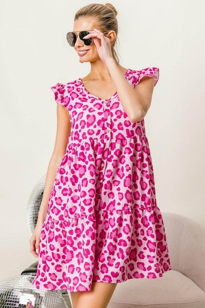 BiBi Leopard Cap Sleeve Tiered Mini Dress for Stylish Looks - Selvanelle