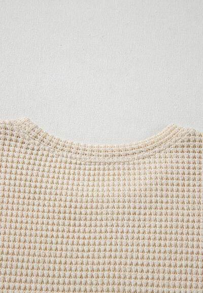 Waffle-Knit Printed Round Neck Flounce Sleeve Blouse for Women - Selvanelle