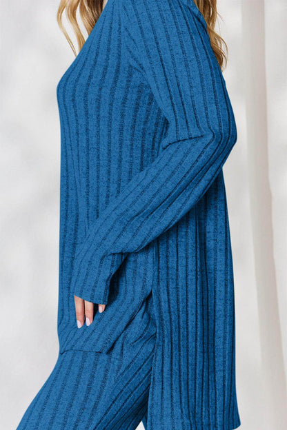 Basic Bae Full Size Ribbed High-Low Top and Wide Leg Pants Set - Selvanelle