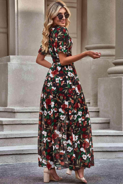 Floral V-Neck Short Flounce Sleeve Dress for Women - Selvanelle