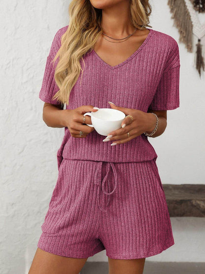 Mandy V-Neck Short Sleeve Top and Shorts Set for Women - Selvanelle