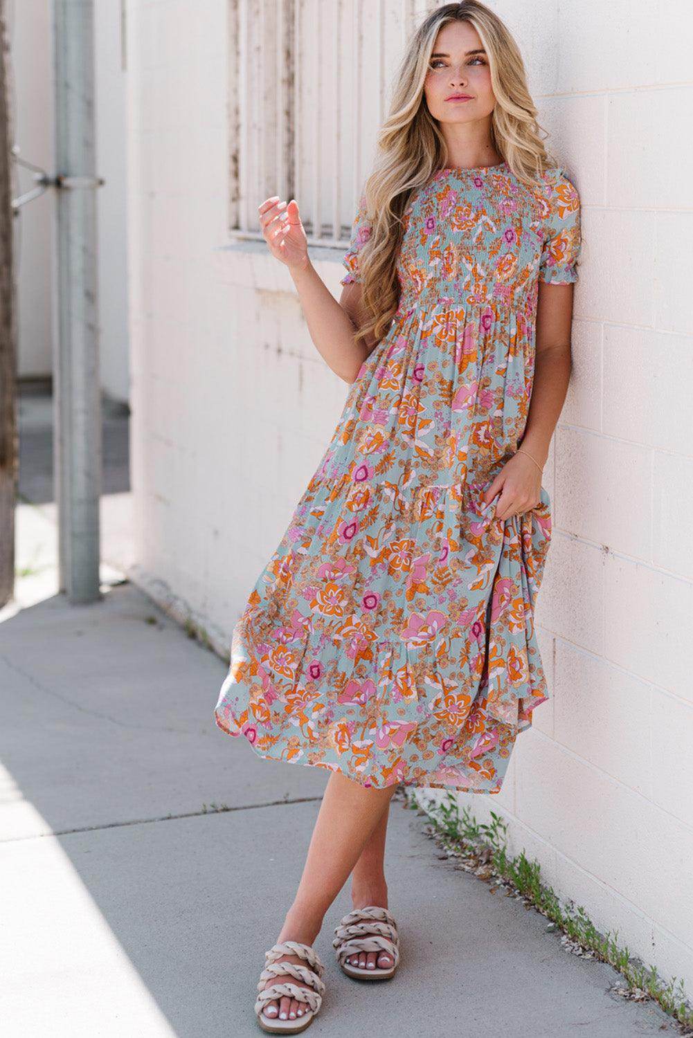 Floral Flounce Sleeve Round Neck Midi Dress for Women - Selvanelle