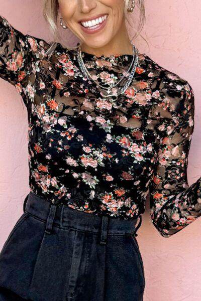 Floral Round Neck Long Sleeve Blouse for Women Fashion - Selvanelle
