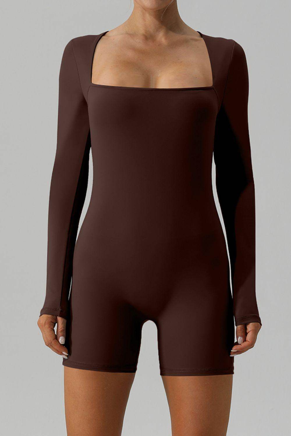 Square Neck Long Sleeve Active Romper for Women Fitness - Selvanelle