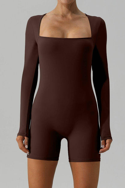 Square Neck Long Sleeve Active Romper for Women Fitness - Selvanelle