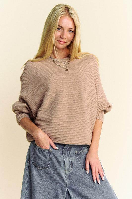 Davi & Dani Round Neck Batwing Sleeve Sweater for Women - Selvanelle