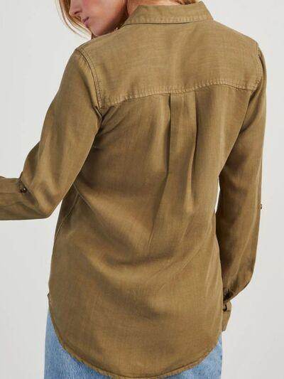 Collared Neck Roll-Tab Sleeve Denim Top for Women - Selvanelle