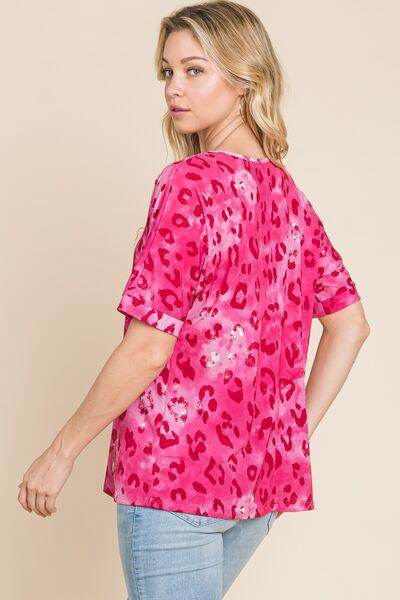 BOMBOM Leopard V-Neck Short Sleeve T-Shirt for Women - Selvanelle