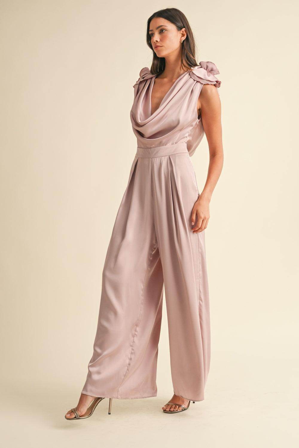 MABLE 3D Floral Applique Deep Cowl Neck Jumpsuit Elegance - Selvanelle
