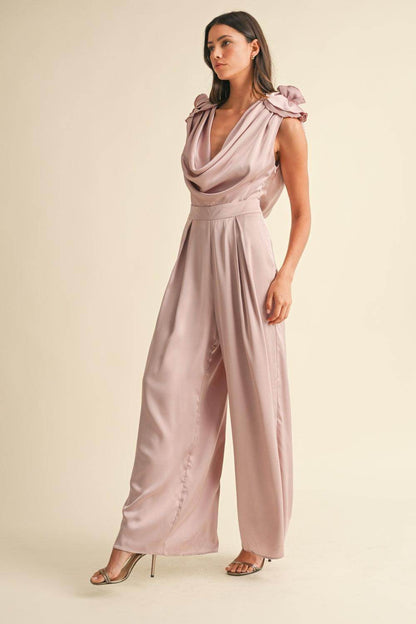 MABLE 3D Floral Applique Deep Cowl Neck Jumpsuit Elegance - Selvanelle