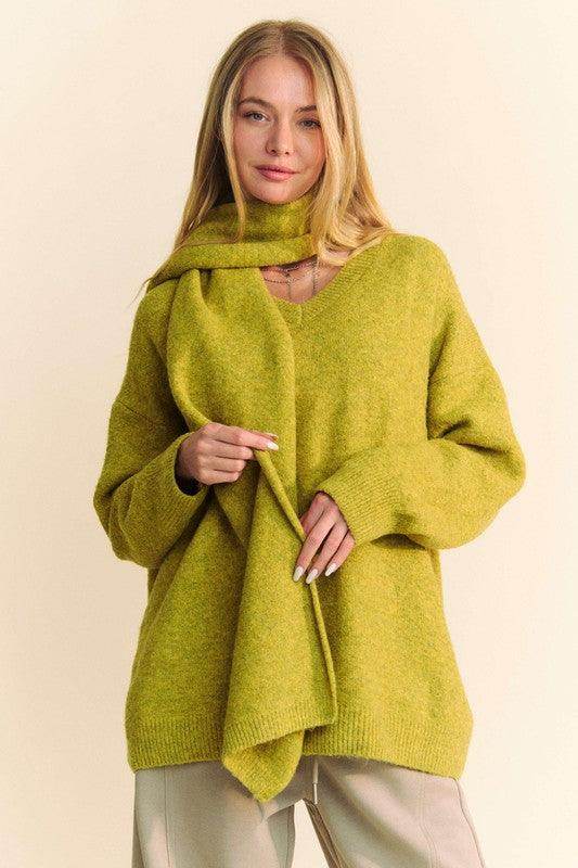 Davi & Dani V-Neck Dropped Shoulder Sweater with Scarf - Selvanelle