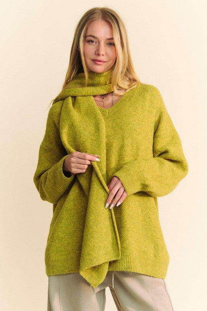 Davi & Dani V-Neck Dropped Shoulder Sweater with Scarf - Selvanelle