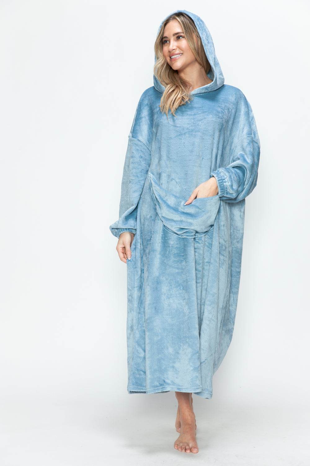 Double Take Full Size Pocketed Hooded Midi Lounge Dress - Selvanelle