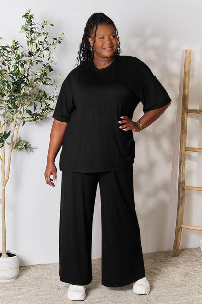 Double Take Full Size Round Neck Slit Top and Pants Set - Selvanelle