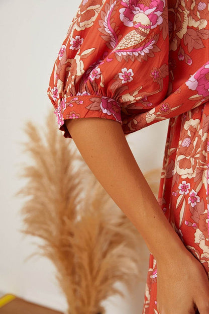 Floral Tie Neck Half Sleeve Dress - Selvanelle