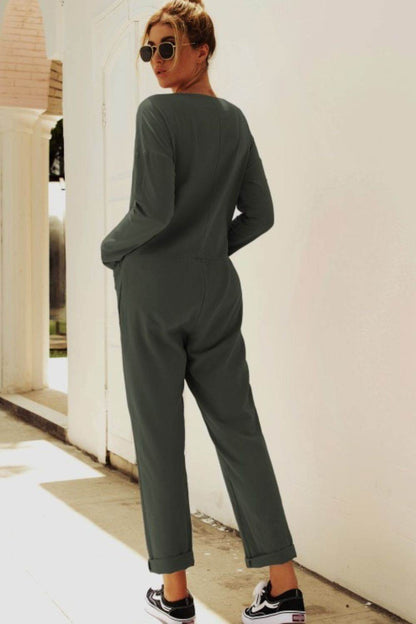 Buttoned Drop Shoulder Pocket Jumpsuit - Selvanelle
