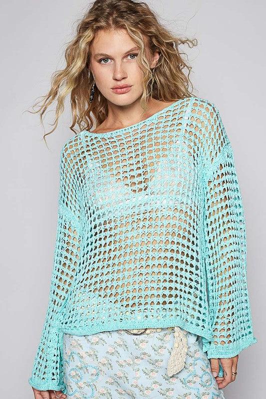 POL Side Slit Openwork Long Sleeve Knit Cover Up for Women