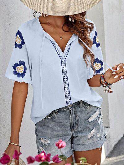 Embroidered Tie Neck Puff Sleeve Blouse for Women Stylish - Selvanelle