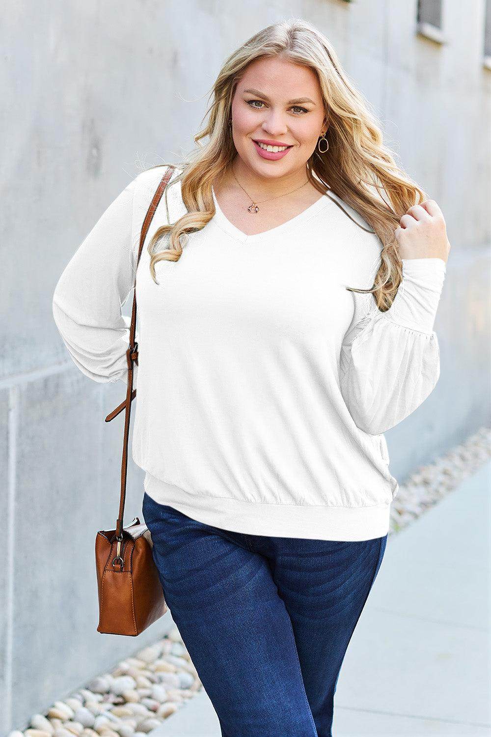 Basic Bae Full Size V-Neck Lantern Sleeve Top for Women - Selvanelle