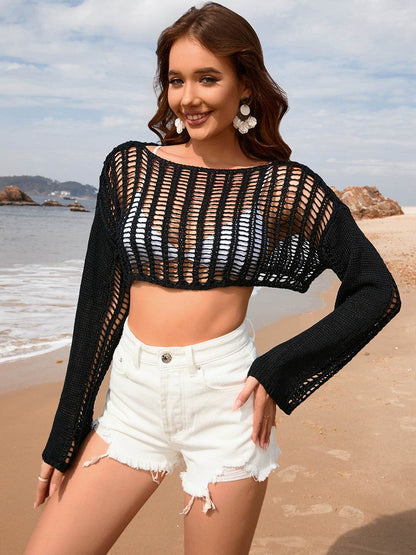 Openwork Boat Neck Long Sleeve Cover-Up - Selvanelle