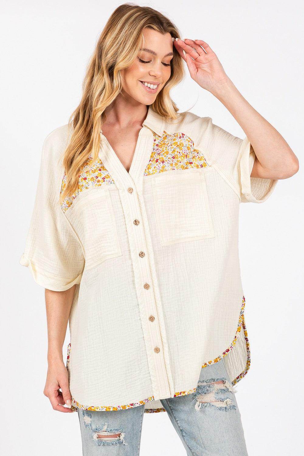 SAGE + FIG Full Size Floral Detail Button Up Shirt - Selvanelle