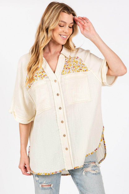 SAGE + FIG Full Size Floral Detail Button Up Shirt - Selvanelle