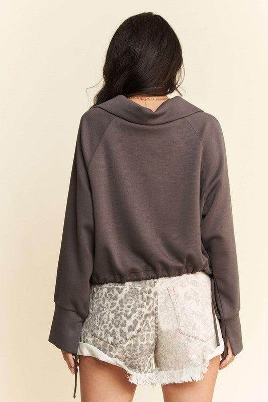 Davi & Dani Drawstring Hem Half Zip Raglan Sleeve Sweatshirt - Selvanelle