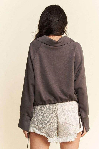 Davi & Dani Drawstring Hem Half Zip Raglan Sleeve Sweatshirt - Selvanelle