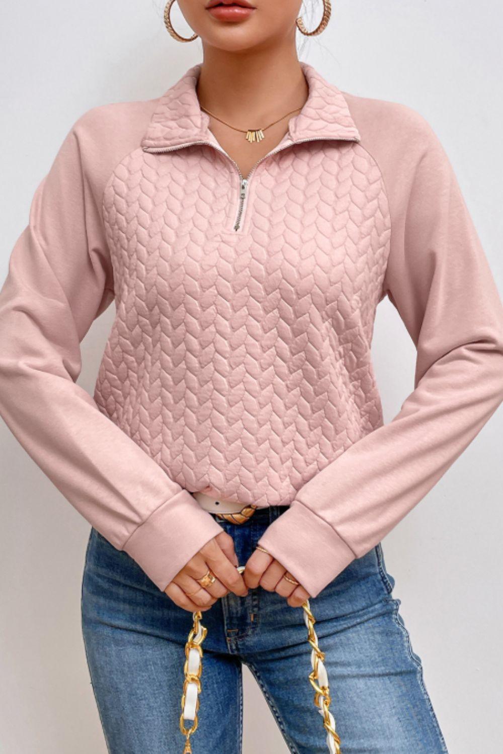 Textured Quarter Zip Long Sleeve Sweatshirt for Women