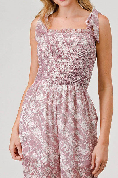 GeeGee Printed Tie Shoulder Wide Leg Jumpsuit for Women - Selvanelle
